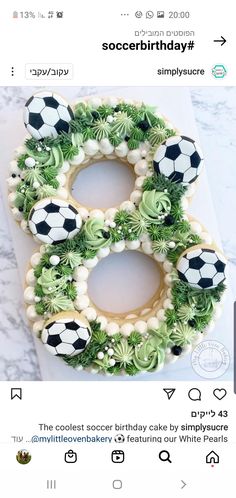 a cake decorated with soccer balls on top of a white countertop next to an instagram post