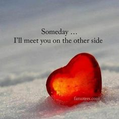 a red heart sitting in the snow next to a quote that says, somebody i'll meet you on the other side