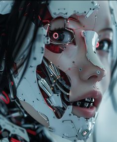 a futuristic woman with red eyes and white skin is looking at something in the distance