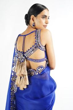 Shop for Vvani by Vani Vats Blue Satin Organza Scalloped Embroidered Saree With Blouse for Women Online at Aza Fashions Scallop Blouse Designs, Choli Cut Blouse Design, Royal Blue Blouse Designs, Georgette Blouse Designs, Choli Cut Blouse, Blue Brocade Blouse, Scallop Saree, Mirror Blouse Design, Saree Satin