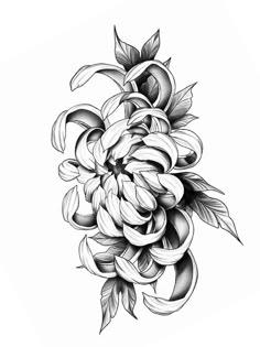 a black and white drawing of a large flower with leaves on it's petals