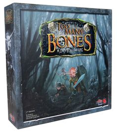 the board game too many bones is on display in a box with an image of two people