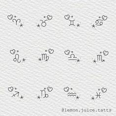 the zodiac symbols are drawn in black ink on white paper, with stars and sparkles