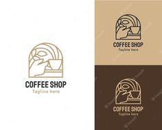 coffee shop logo design with hand holding cup and mountain in the background, suitable for any business