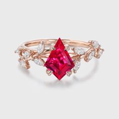 Solid Gold Nature Inspiration Kite Cut Lab Grown Ruby Engagement Ring Leaf Wedding Ring Luxury Marquise Cut Ruby Wedding Ring, Leaf Wedding Ring, Engagement Ring Leaf, Leaf Wedding Rings, Nature Inspired Engagement Ring, Timeless Symbol, Ruby Engagement Ring, Luxury Gift Box, July Birthstone