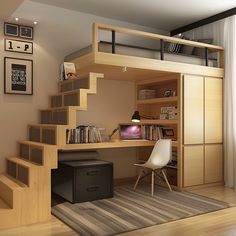 there is a loft bed with stairs and desk in the room, next to a window