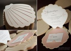 the wedding stationery is displayed in pink and white colors, including an umbrella - shaped box