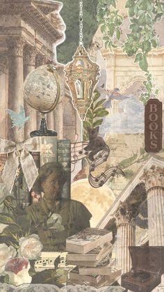 a collage of various objects including books, flowers and other things in the background