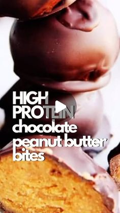 an advertisement for high protein chocolate peanut butter bites, with a large piece of cake in the foreground