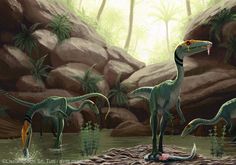 an artist's rendering of two dinosaurs in the water with plants and rocks behind them