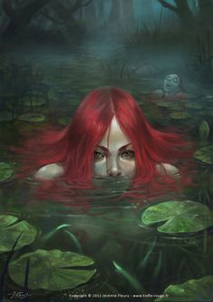 a woman with red hair is floating in the water surrounded by lily pads and trees