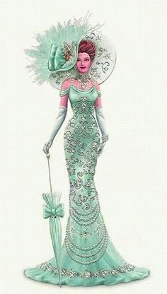 a drawing of a woman in a green dress holding an umbrella