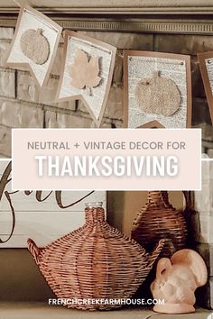 a fireplace mantle with some pictures hanging on it and the words neutral vintage decor for thanksgiving