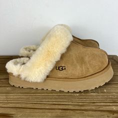 Ugg Disquette Slipper In Chestnut Suede Size 10 Gently Used Funkette Ugg Slippers, Uggs Chestnut, Ugg Tazz Suede Platform Slippers, Ugg Scuffette Slippers, Ugg Dakota Slippers, Womens Uggs, Tan Brown, Chestnut, Slippers