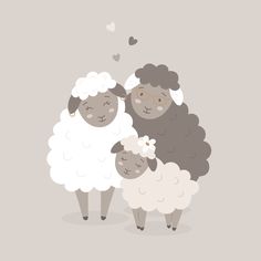 two sheep standing next to each other on a gray background with hearts in the sky