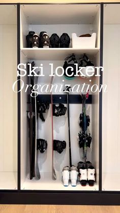 an organized closet with skis, snowboards and other items in it for organization