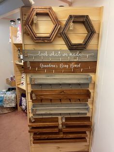 a display case filled with lots of wooden items