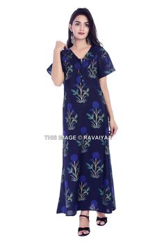 "This Beautiful Gown or can be called as Night Dress is made with super fine quality cotton Fabric. Usage - Gown, Maxi, Night Dress, Lingerie Cover Up , Sleepwear Fabric - 100% Cotton Color - Blue Pattern - Floral Size - Fit Up to 2XL Length - 55\" Inch (140 CM), Bust - 44\" Inch ( 112 Cm), Hip - 52\" Inch (132 CM) Sleeve - 7\" Inch ( 18 Cm), Shoulder - 5\" Inch ( 13 CM), Weight - 0.180 Kg * Gown has Drawstring on the Back side for Perfect Fit. * Gown has a Zipper on Front side for easy wear. * Indian Nighty, Maxi Night Dress, Blue Night Gown, Nighty Women, Summer Night Dress, Women Nighty, Dress Sleepwear, Cotton Night Dress, Ladies Caftan