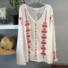 White Sheer Embroidered Shirt With Long Sleeves And V Neck Casual Long Sleeve Embroidered Top For Brunch, Casual White Blouse By Forever 21, Forever 21 Casual White Blouse, Forever 21 White Bohemian Top, Red V-neck Embroidered Summer Top, Red Embroidered V-neck Top For Spring, Red V-neck Embroidered Top For Spring, Red V-neck Embroidered Top For Summer, Red Embroidered Casual Top For Summer