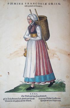 an old woman with a basket on her shoulder and a cane in her other hand