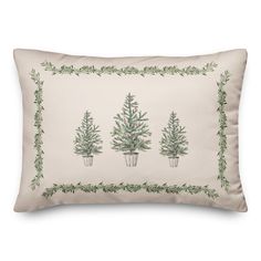 a pillow with three christmas trees on the front and two potted evergreens on the back