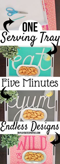 three pictures with the words five minutes and one serving tray