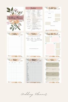 wedding planner printables with flowers and greenery on the front, in peach tones