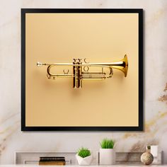 a golden trumpet mounted on a wall