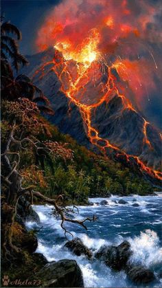 a painting of a mountain with fire coming out of it's top and water below