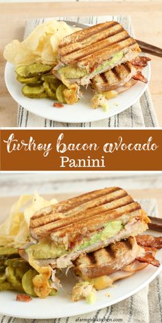 two plates with sandwiches on them and the words turkey bacon avocado panini