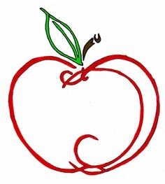 an apple with a green leaf on the top is drawn in red and black ink