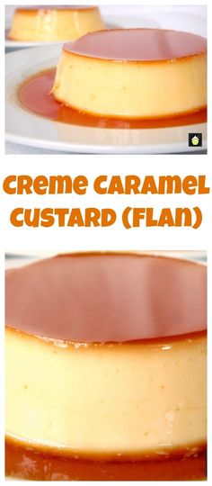 two pictures of cheesecake with caramel custard flan