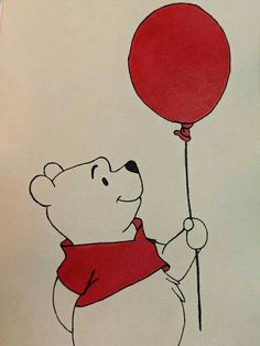 a drawing of a bear holding a red balloon