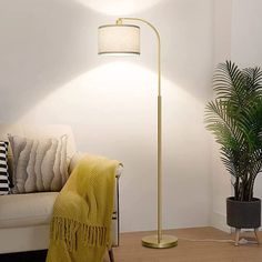 a living room with a couch, lamp and potted plant on the floor next to it