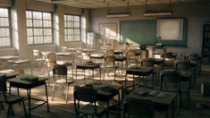 an empty classroom with desks and chairs