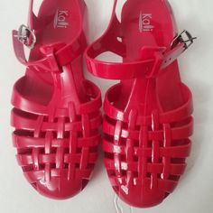 Women's Retro Jelly Rubber Buckle Closure Sandals Red Raspberry New Comes From Smoke Free Home All Items Are Kept In A/C Never Used Kept In Storage Retro Jellies In Red But More Raspberry Shade Pvc Rubber Material Buckle Closure Various Us Sizes Available Sz 6 Toe To Heel 9" L Sz 7 Toe To Heel 9.25" L Sz 8 Toe To Heel 9.75" L Sz 9 Toe To Heel 10" L Sz 10 Toe To Heel 10.5" L Sz 11 Toe To Heel 10.75" L Will Be Mailed Without Box Ribbon Flip Flops, Jelly Flip Flops, Floral Flip Flops, Colored Sandals, Black Chunky Heels, Floral Sandals, Black Flip Flops, Red Raspberry, Fisherman Sandals