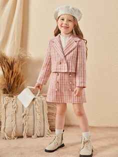 Baby Pink Coat, Tweed Fashion, Girls Blazers, Kids Blazers, Pose Model, Shein Kids, Chic Kids, Skirts For Kids