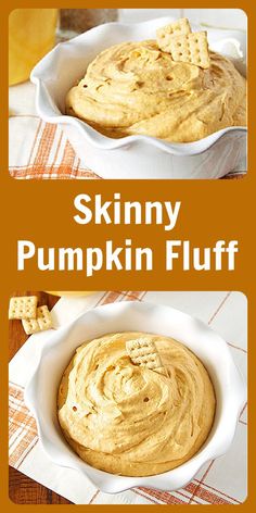 two bowls filled with pumpkin fluff on top of a table next to crackers