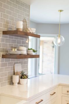 the kitchen counter is clean and ready to be used for cooking or dining room use