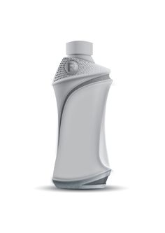 a white plastic bottle with silver trim on the top and bottom, sitting in front of a white background