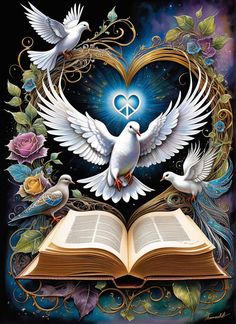 an open book with two white doves flying over it and the pages are opened