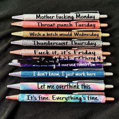 Snarky Ballpoint Pen Set Get ready to add some sass to your writing with our Snarky Ballpoint Pen Set! These pens feature quirky sayings and a playful tone that will have you smiling as you jot down notes. Perfect for anyone who doesn't take themselves too seriously. (Don't blame us if you start using them for all your writing needs!) Colorful Exterior, Funny Office Gifts, Pen Diy, Best Pens, Glitter Pens, Days Of The Week, Feeling Sick, Pen Gift, Seven Days