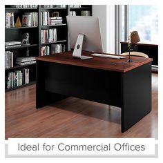 an office desk in front of a bookcase with books on it and the words ideal for commercial offices