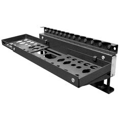 a black metal shelf with holes and screws on the bottom, attached to a white background