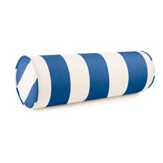 a blue and white striped roll pillow on a white background with the bottom rolled up