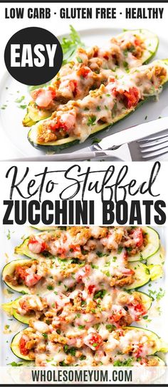 the recipe for keto stuffed zucchini boats is shown