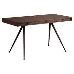 a wooden table with two drawers on one side and black metal legs, against a white background