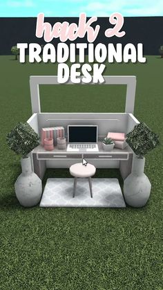 a computer desk sitting in the middle of a field with grass and vases on it