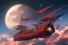 a red ship floating in the sky with a full moon behind it and clouds below