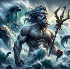 a man in the ocean holding a spear and surrounded by dolphins